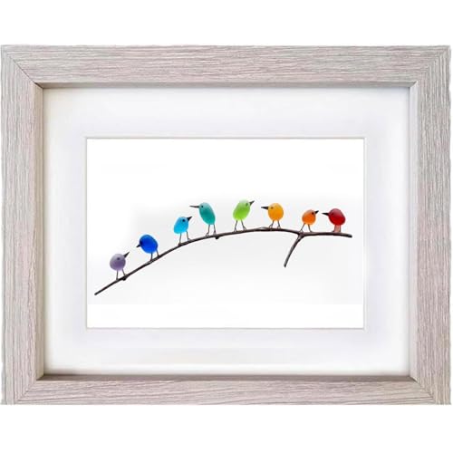 WCYYYJ Sea Glass Birds Wall Art, Rainbow Decor, Seaglass on Branch, Coastal Love Notes Gift, Handmade Beach Glass for Home Decor (8 Birds, Light Grey Frame)