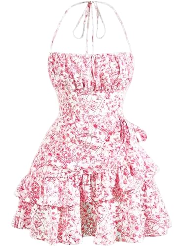 Narecte Summer Dresses for Women,Tie Halter Mini Dress,Floral Print Short Dress,Ruffle Trim Casual Dresses Pink M