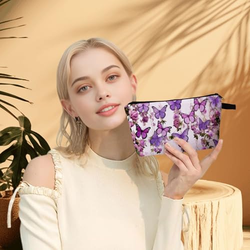 Purple Butterflies Roses Print Cosmetic Bag Elegant Holiday & Birthday Gift Idea Travel Makeup Organizer with Zipper Stylish Toiletry Pouch for Women4