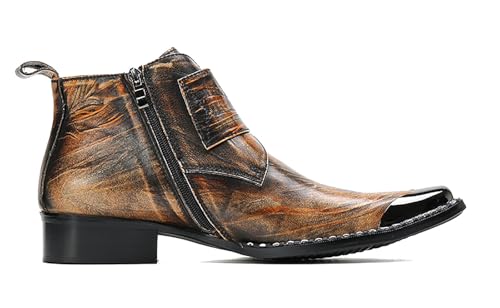 Santimon Mens Chelsea Boots Casual Dress Ankle Boots Handmade Genuine Leather Metal Square Toe Cowboy Boots Zipper Belt Buckle Prom Wedding Party Disco Singer Western Boots for Men3