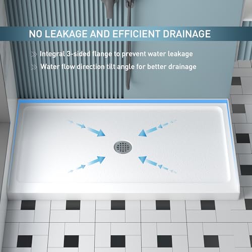 KPUY Shower Base, 48'' L X 32'' W Shower Base Pan with Single Threshold and Center Drain, Shower Pan with Slip Resistant Textured Surface, White Acrylic
