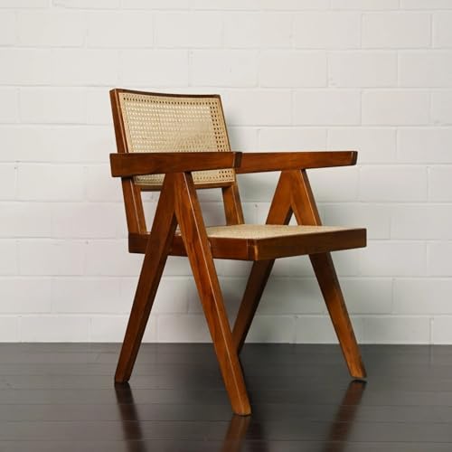 Image of Solid Wooden Rattan Arm Lounge Chair | Dining Chair for Living Room, Hall and Office (Black Teak Finish) | 50D x 50W x 90H CM