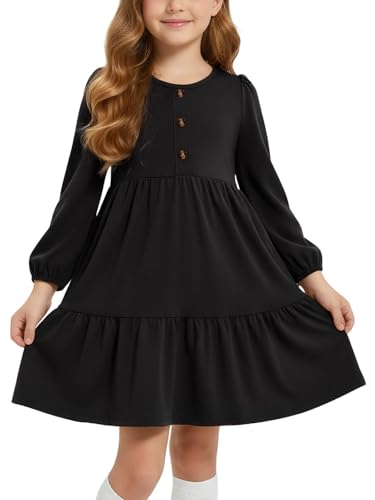 JiAmy Girls Dress Puff Long Sleeve Cotton Round Neck Kids Casual T-Shirt Dresses with Pockets Tiered High Waist Swing A-line Fall Tween Dress for 5-6 Years, Black