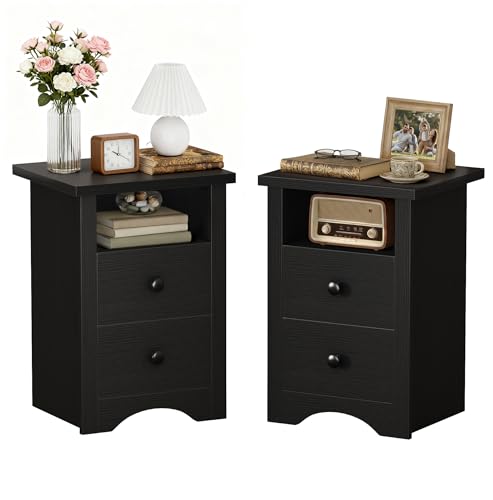 JUMMICO Farmhouse Nightstands, End Table with 2 Storage Drawers and Open Shelf, Rustic Bedside Table for Bedroom, Living Room(2, Black)