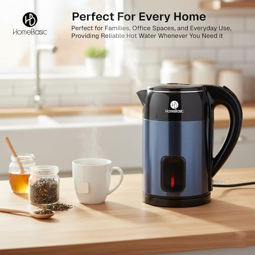 Image of HOMEBASIC Electric Kettle, 1.7L, Rapid Boil, Cool Touch Exterior, Auto Shut-Off, Overheat Protection, 360 Rotating Base, Lock Lid, Built-in Mesh Filter, Hot Water Kettle for Making Black Tea & Coffee