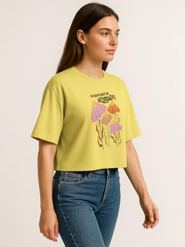 Image of HELLCAT Beige Printed Loose Fit Crew-Neck Crop T-Shirt for Women