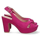 Sandalia Comoda con Hebilla 66415-Sandalia de Tacon para Mujer, Comodas, con Pala Cruzada, y Cierre de Hebilla en el Tobillo, Primavera Verano 2022. Talla 35 Fucsia
