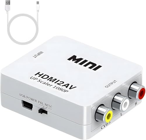 Image of Mini HDMI to AV Converter, 1080P HDMI to RCA CVBS Adapter with USB Power Cable, Video Audio Converter for TV, Projector, DVD, Set Top Box (White)