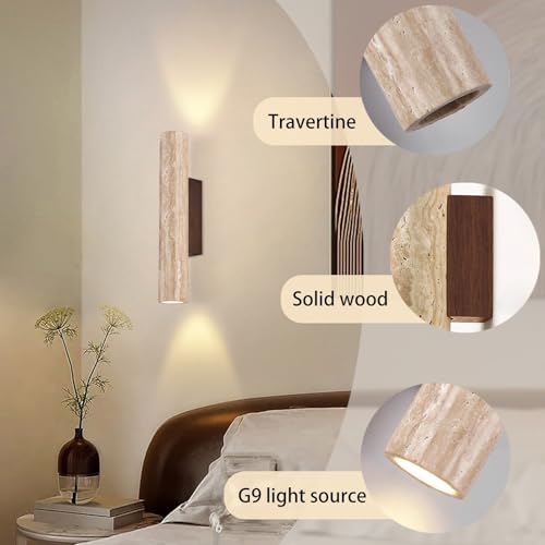 Aplique de pared de travertino cilindrico de 28cm con base de madera 5