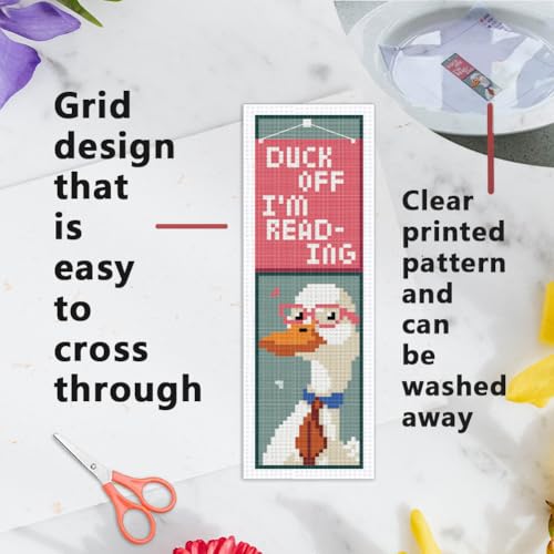 Image of INFUNLY 6PCS Duck Cross Stitch Bookmark Kit for Beginners 2.99''x8.54'' Duckling Stamped Embroidery Bookmark Kits with Words Animals Needlepoint Bookmark Kit with Instruction for Book Lovers Readers