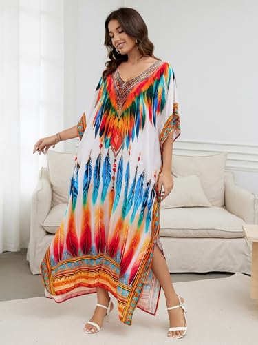 Image of IMAGEKOPE Women's Plus Size Loose Fit Moroccan Print V-Neck Batwing Kaftan Beach Dress Bathing Suit Cover Up