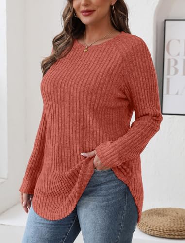 Image of Saloogoe Long Sleeve Shirts for Women 2025 Fall Clothes Tunic Tops Loose Fit Dressy Crewneck Pullover Sweaters Curved Hem