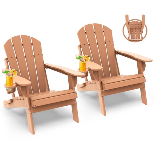 GREENVINES Folding-Adirondack-Chairs-Set-of-2 | HDPE Plastic | Fire Pit Chair | All Weather | Cup Holder | Teak | for Deck Backyard Patio Outdoor Gard
