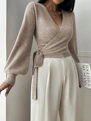 Image of ZAFUL Women's V Neck Cable Knit Sweater Long Sleeve Ribbed Crop Tops Wrap Surplice Solid Casual Pullover Jumper