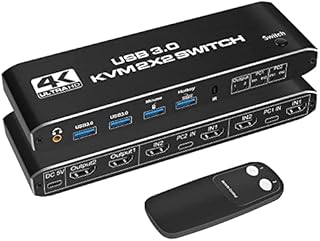 KVM Switch 2 Monitors 2 Computers 4K 60HZ, 2 PC 2 Monitor Switch, HDMI KVM Switch Dual Monitor, USB Switch 2 in 2 Out with Cables, Support USB 3.0,HDCP2.2, Hotkey,Extended And Mirror Display