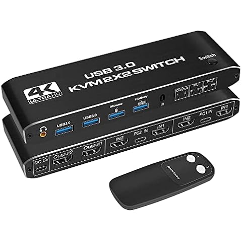 KVM Switch 2 Monitors 2 Computers 4K 60HZ, 2 PC 2 Monitor Switch, HDMI KVM Switch Dual Monitor, USB Switch 2 in 2 Out with Cables, Support USB 3.0,HDCP2.2, Hotkey,Extended And Mirror Display Cover