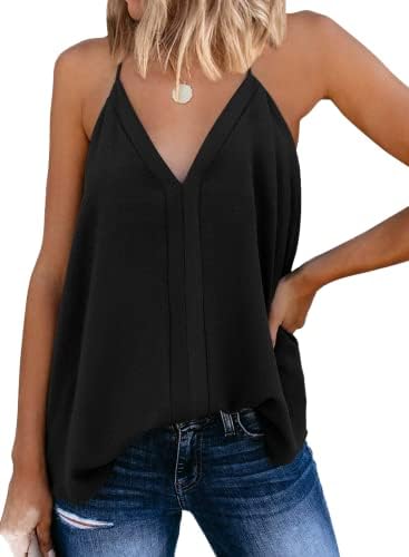 miduo Womens Summer Ladies Solid V Neck Strappy Tank Tops Loose Casual Sleeveless Cami Shirts Flowy Tank Blouses Black M