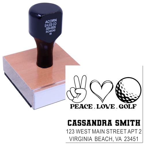 Image of Peaceful Golf Passion Wood Handle Address Stamp - Address Stamp for Cards | Classic Rubber Stamp. Golf Club Stamp. Any standard pad works. Your name and address. Square imprint. 3 lines of custom text.