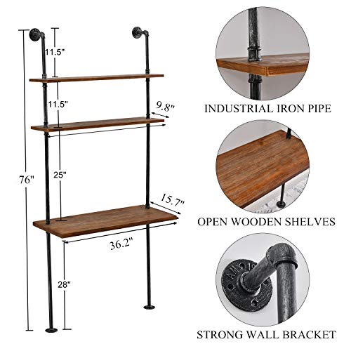 Industrial Laptop Desk Rustic Wall Ladder Desk with 2-Tier Shelf, Iron Pipe Computer Table Study Writing Table for Home, Bedroom and Office