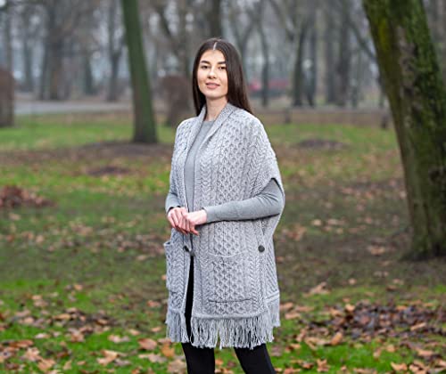 Image of SAOL 100% Merino Wool Shawl /Poncho Sweater /Open Cardigan /Wool Cape with Pockets with Fringe Trim and Trinity Knot Button