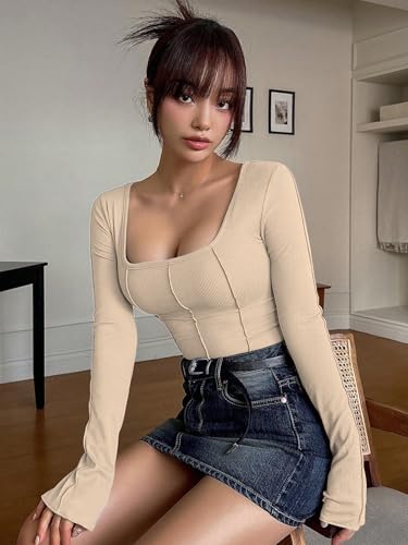 Image of Sugathari Women's Black Solid Long Sleeve Wrap-Style Square Split Crew Neck Bodycon Women T-Shirt Spring and Summer Top, Minimalist and Fashionable for Everyday Casual Wear Tops (T-Shirt 181)