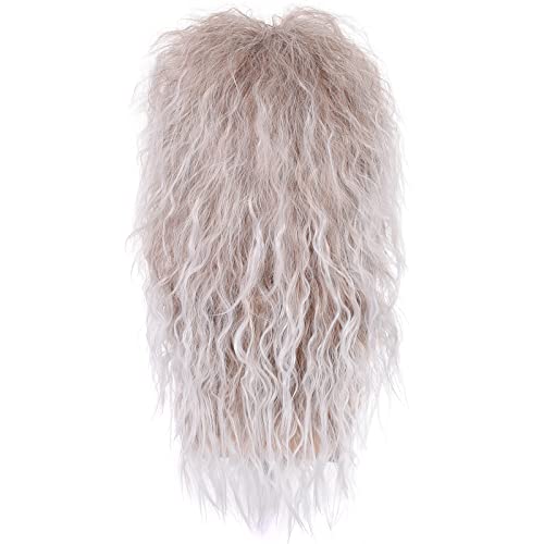 Morvally Perucas masculinas estilo anos 80 | Cabelo sintético castanho longo encaracolado prateado m