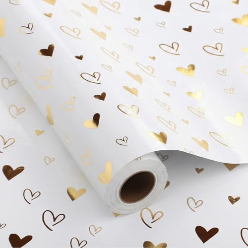 woric Wedding Wrapping Paper Roll 17 Inch x 33 Feet Heart Wrapping Paper with Gold Foil Metallic for Wedding Bridal Shower Anniversary Birthday Baby Shower