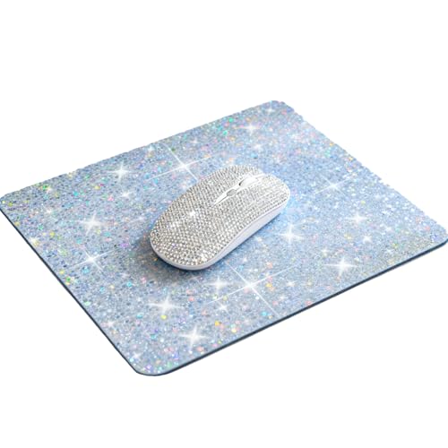Silver Glitter Mouse Pad & Wireless Mouse Set, Bling Diamond Cordless Mouse with Matching Mousepad...