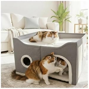 Eolahalcy Cat Beds for Indoor Cats – Large Cat Cave for Pet Cat House with Fluffy Ball Hanging and Scratch Pad, Foldable Cat Hideaway, 23.8×15.9×13.2 inches, Grey