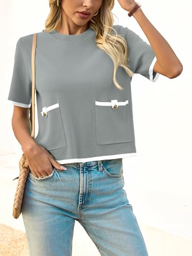 Image of Saodimallsu Women's Short Sleeve Color Block Crew Neck Sweater