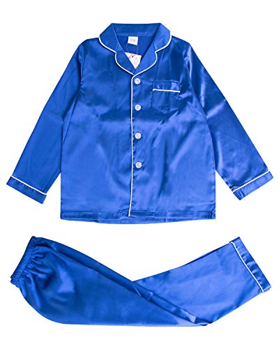 Image of Pajamas Kid Unisex Pjs Set Girls Boys Silk Pajamas Set Satin Long Sleeve 2 Piece Clasic Sleepwear for 2-12 Years Todder