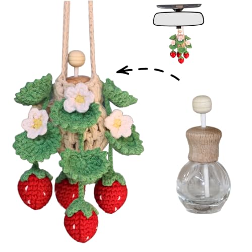ROFIGL Handmade Crochet Hanging Car Air Freshener - Cute Strawberry Plant Design, 12ml Refillable Thick Glass Bottle, Car Diffuser for Rearview Mirror, Home & Office Decor