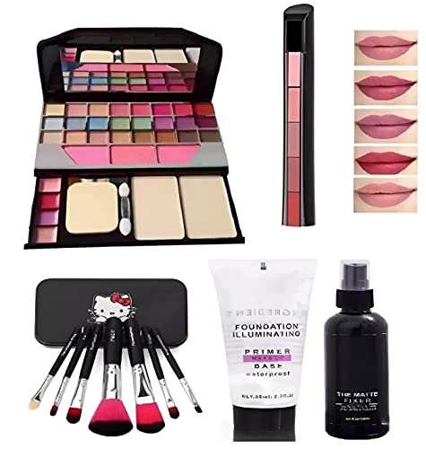 Contry coloud Multicolour makeupkit Kit with 7 Black makeupkit Brushes, Matte Fixer, makeupkit Base Primer and Matte Lipstick – (Pack of 11)