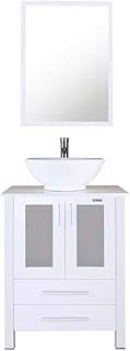 eclife White Bathroom Vanity Cabinet And Sink Units Modern Stand Pedestal with Round White Ceramic Vessel Sink, Chrome Bathroom Solid Brass Faucet and Pop Up Drain Combo, With Mirror (A06B02W) - coolthings.us