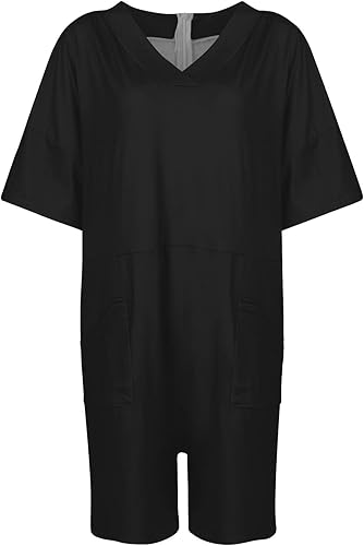 Miniatura 4 de Overol corto para mujer, talla grande, cuello en V, manga corta, bolsillo, rodilla, casual, trajes