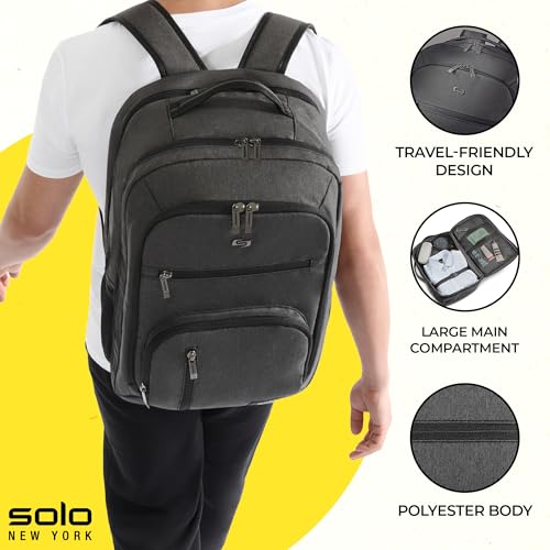 Solo New York TSA Laptop Backpack for Women & Men -Carry On Bookbag for Travel & Work, Lightweight Bag, Mesh Side Pockets, Padded Straps, Fits 17.3" Computer - Grand Travel, Grey2