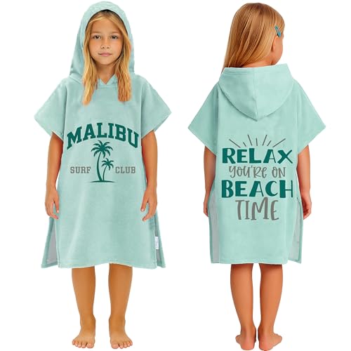 CalmyBEACH Badeponcho Kinder Poncho Handtuch - Mädchen Jungen Surf Frottee Bademantel Badetuch Baumwolle Strandponcho Surfponcho Kapuzenhandtuch 8-11 Jahre Malibu Mint