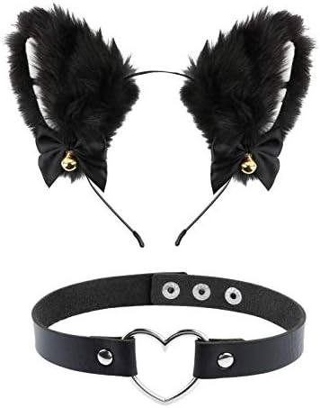 Katzenohren Haarreif Mit Herz Choker - Plüsch Cat Ears Für Cosplay & Halloween