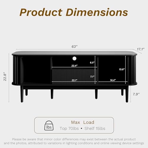 Image of Furniway Modern TV Stand for 45 /55 /70 inch TV, Entertainment Center with Sliding Doors and Storage, Wood TV Stand for Bedroom, Living Room, Black