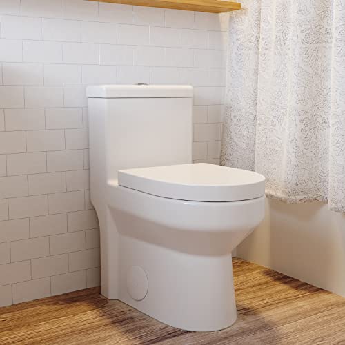 DeerValley Compact One Piece Toilet Standard Seat Height for Small Bathroom Dual Flush 1.1/1.6 GPF Powerful and Quiet 10'' Rough-In Skirted Toilet White