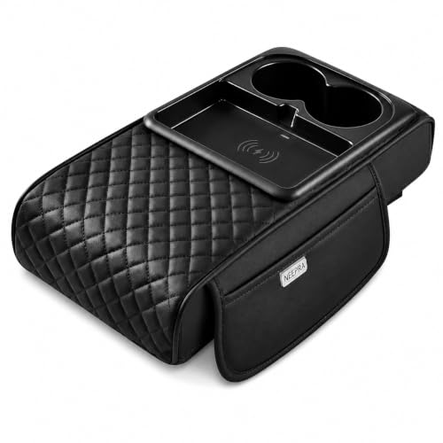 Image of NEEPRA Leather Car Armrest Cover Cushion with Dual Cup Holder & Wireless Charging Tray, Universal Center Console Arm Rest Organizer, PU Leather Hand Rest for Cars, SUVs & Trucks, Black & Red | Wireless Charging Tray