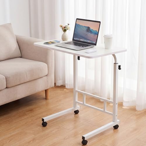 Image of BTGGG Upgraded Height Adjustable Mobile Laptop Table, Mobile Computer Desk 60×40cm, Home & Hospital Over Bed Table Adjustable Height 63-89 cm, Compact Desk with Wheels & Metal Frame, White