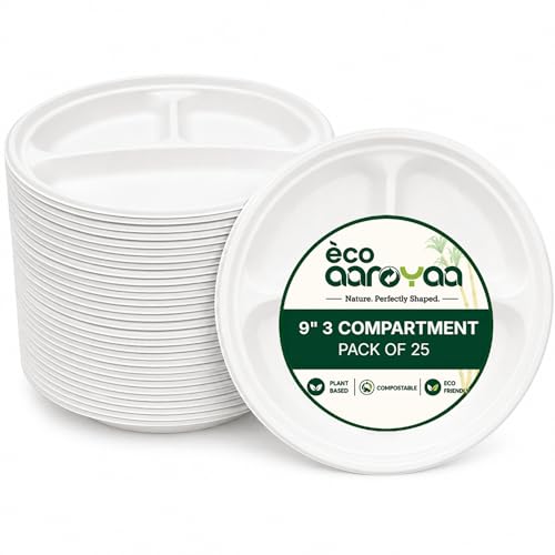 Image of Eco Aaroyaa 9-Inch Bagasse 3-Compartment Plates - Eco-Friendly Disposable Sugarcane Plates, Strong Oil & Water Resistant Section Plates for Meals, Parties, Catering, Events & Food Serving (Pack of 25)