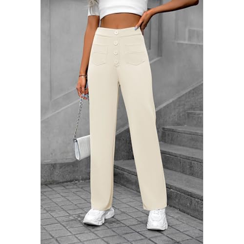Womens Straight Leg Pants High Waist Stretchy Button Business Work Pants Dress Casual Trousers with Pockets3
