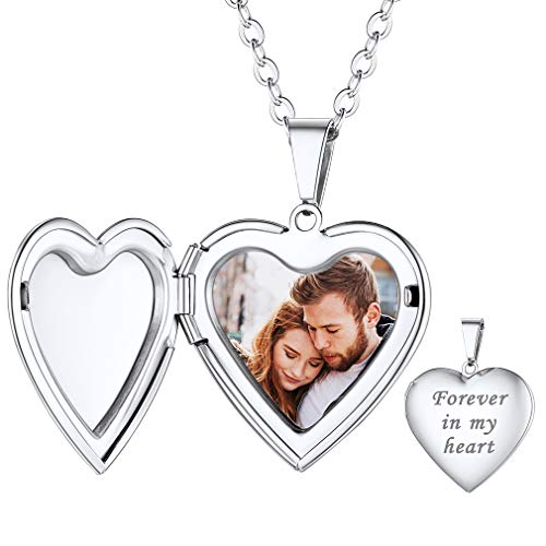 Custom4U Forever in My Heart Collier Photo Personnalisé Coeur Or Pendentif Porte Photo Acier Inoxydable Médaillon Coeur Gravé Fleur Chaine 50+5 cm