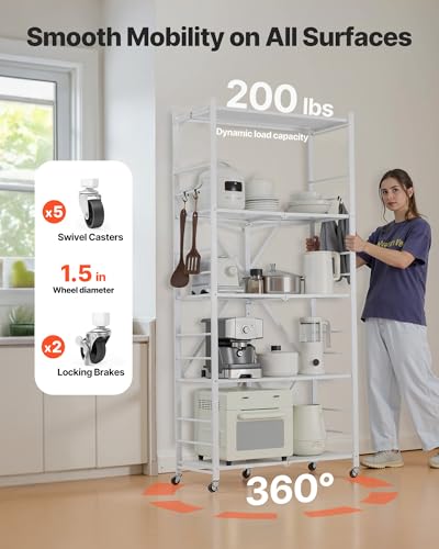 Image of VEVOR 5-Tier Foldable Storage Shelf, 32W x 14D x 72H Inch Folding Metal Rack Shelving Unit, Heavy Duty No Assembly Organizer Shelf with 5 Wheels & 4 Hooks for Pantry, Kitchen, Garage, Basement, White