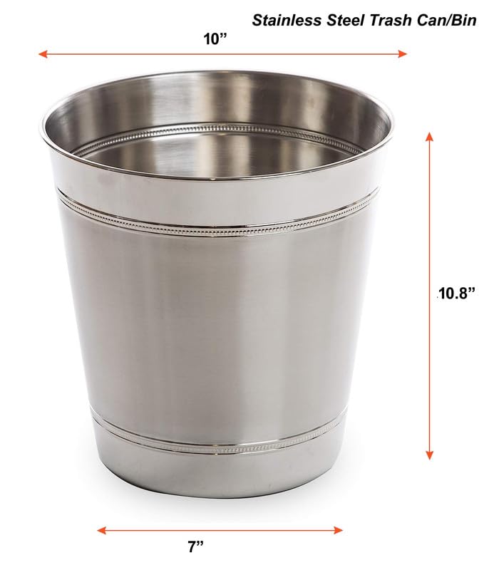 PAUL SONS Hospitality Stainless Steel Waste Basket Bathroom Trash Can for Bedroom, Home Office, Dorm, College, Kitchen Silver (Pack of 1Pc)