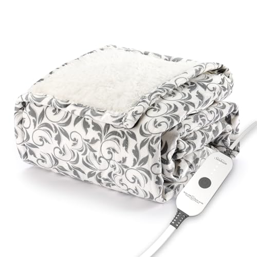 Image of Sunbeam Royal Mink Sherpa Heated Throw Electric Blanket, 50 inch x 60 inch, 4 Heat Settings, 4-Hour Auto Shut-Off, Warming Throw for Couch, Fast Heating, Machine Washable, Warm and Cozy, Grey Cape Paisley