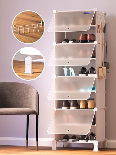 Image of BOXJOY 8 Shelf Shoe Rack with 4 Translucent Doors, 5 Hook Steel Holder & Wooden Hammer, Home Storage PP Plastic Organizer with Metal Door Frame to Cover Chappal Slipper Sandals Shoes Box Stand (White)