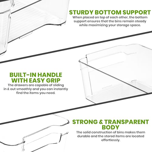 KICHLY Stackable Fridge Organisers - Set of 8 Storage Containers with Handles - Multipurpose Organizer Boxes For Kitchen, Fridge, Cupboard, Snacks, Cans, Tins, Pantry, Under Sink - BPA Free (Clear)